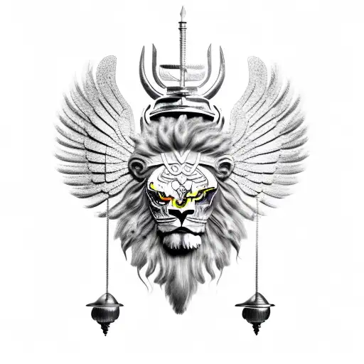 Androgynous Angelic person holding a set of balance scales adorned in armor with a Scorpion on the chest and a lion head tattoo design idea