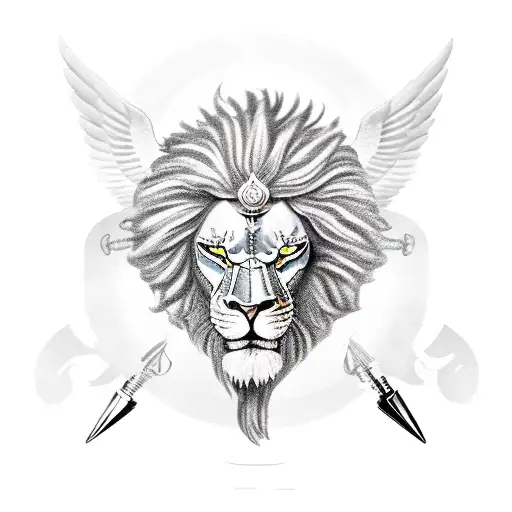 Androgynous Angelic person holding a set of balance scales adorned in armor with a Scorpion on the chest and a lion head tattoo design idea