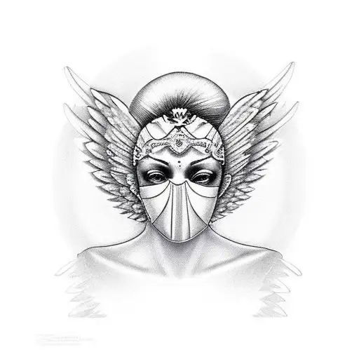angel with face mask symmetrical instead of wings in needs to be metal spikes tattoo design idea