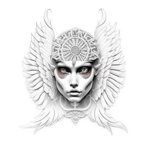 angel with face mask symmetrical tattoo design idea