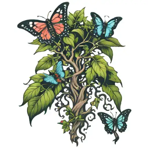 poison tree with butterfly's and birds  tattoo design idea