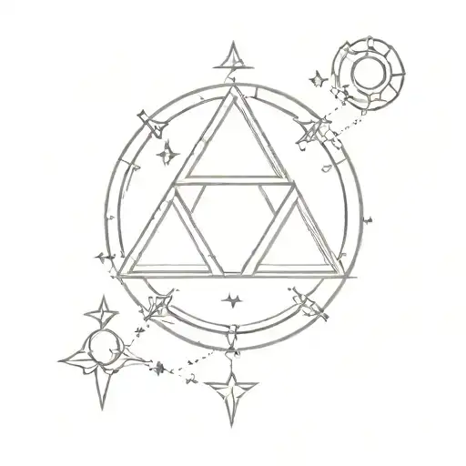 delicate Zelda triforce. fine lines, stars and planets. human design.  tattoo design idea
