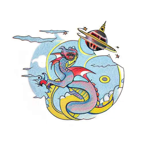 Traditional style dragon in a Star Trek uniform exploring a mysterious planet tattoo design idea