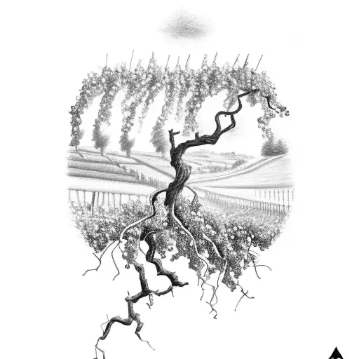 A vineyard landscape with grape vines and a glass of wine under a sunny sky tattoo design idea