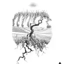 A vineyard landscape with grape vines and a glass of wine under a sunny sky tattoo design idea