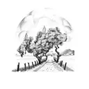 A vineyard landscape with grape vines and a glass of wine under a sunny sky tattoo design idea
