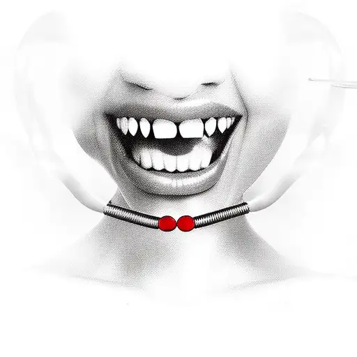 large breasted latina woman in bondage with red lipstick and ball gag, black and white tattoo design idea