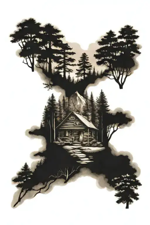 forest landscape small cabin nestled tattoo design idea
