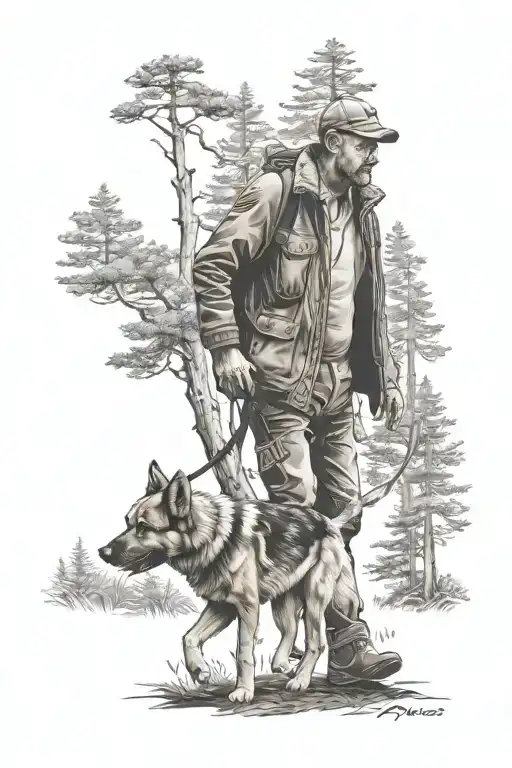 man walking Alsatian dog through a pine forest tattoo design idea