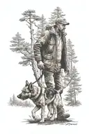 man walking Alsatian dog through a pine forest tattoo design idea
