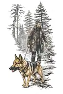 man walking Alsatian dog through a pine forest tattoo design idea