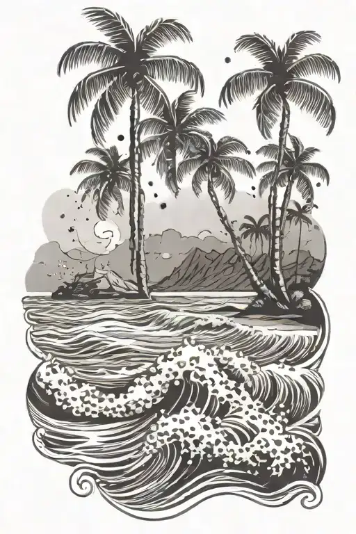 A detailed beach landscape with palm trees and waves crashing on the shore tattoo design idea