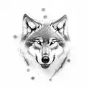 Wolf howling at a molecular structure in blackwork style tattoo design idea