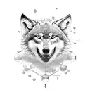 Wolf howling at a molecular structure in blackwork style tattoo design idea