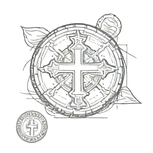 plain cross standing on a coin with date  tattoo design idea