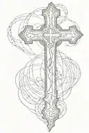 plain cross standing on a coin with dog tag hanging on cross tattoo design idea