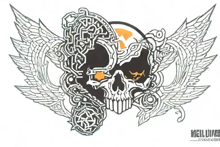 helldivers 2 logo with flaming centered skull, text below reads "Flame Safety Officer" tattoo design idea