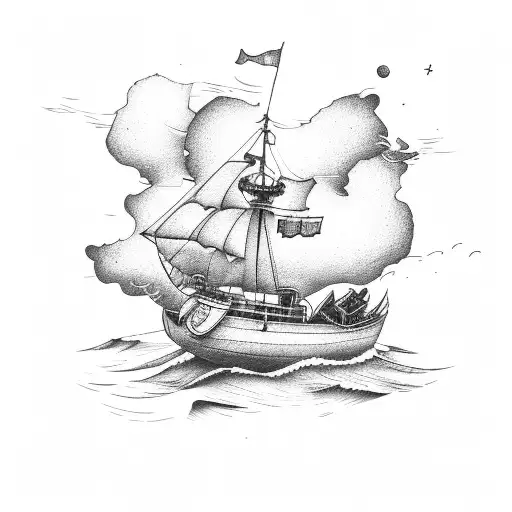 A fishing boat sailing through stormy seas tattoo design idea