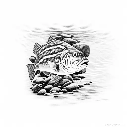 A striped bass swimming among underwater rocks tattoo design idea