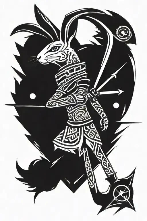 A rabbit with a sword deflecting a crossbow bolt. Scar on the eye. Arrow in the heart tattoo design idea