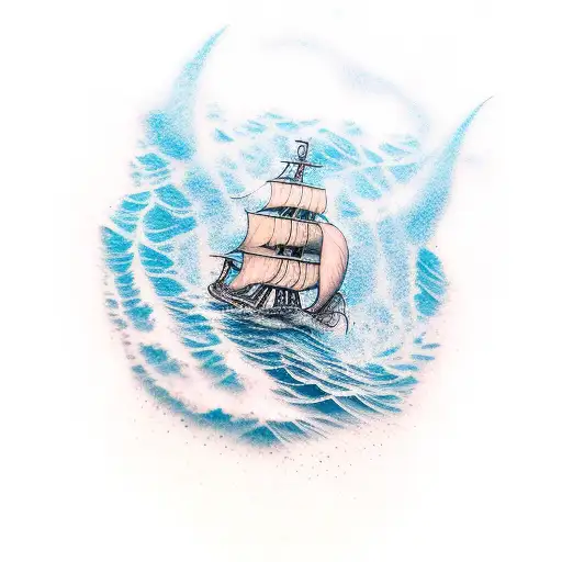 a pirate ship on fire in ocean waters that fades into a man falling aimlessly  tattoo design idea