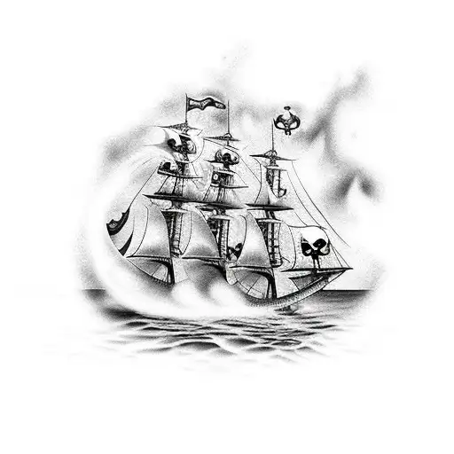a burning fleet of pirate ships in roaring waters  tattoo design idea