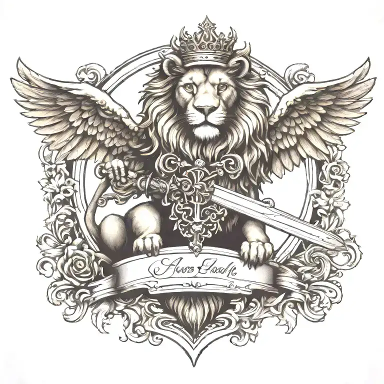 crowned and winged lion holding sword  with   keys forming a blank name banner tattoo design idea