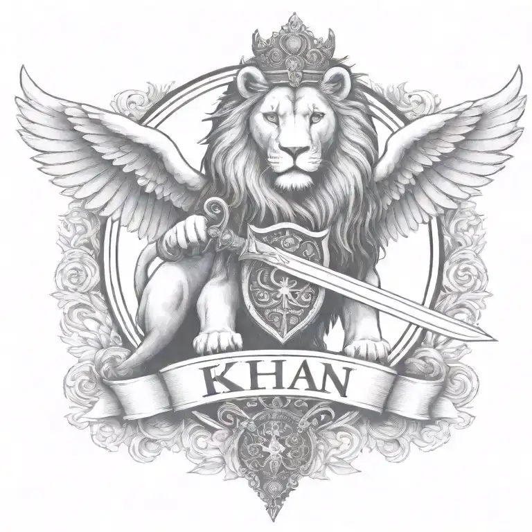 crowned and winged lion holding sword with   keys forming a "KHAN" in a banner tattoo design idea