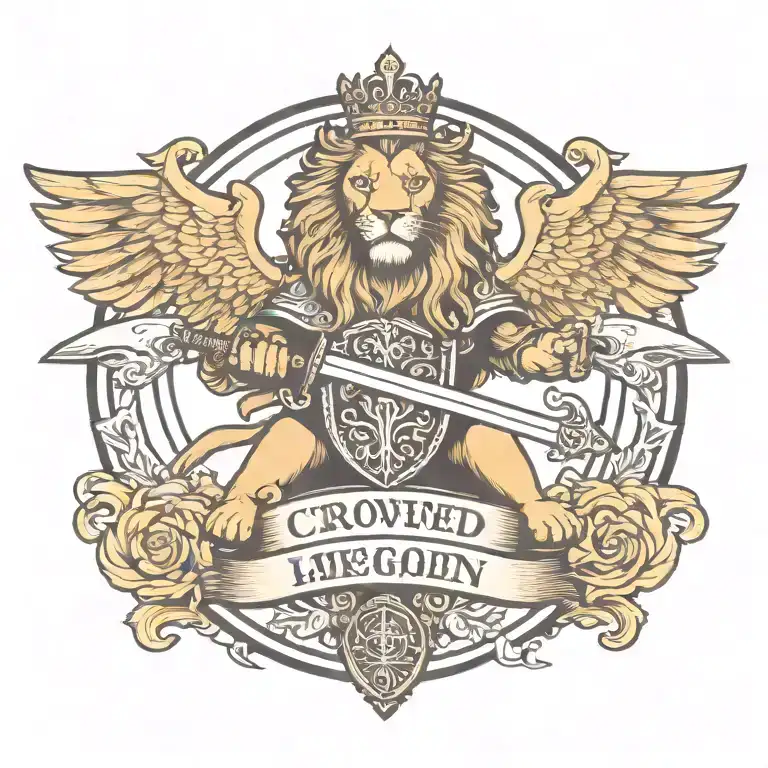crowned and winged lion holding sword  with   keys forming a blank name banner tattoo design idea