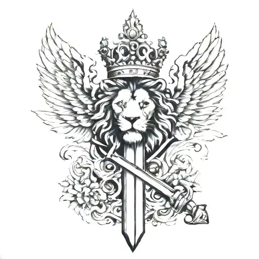 lion crowned wings sword  tattoo design idea
