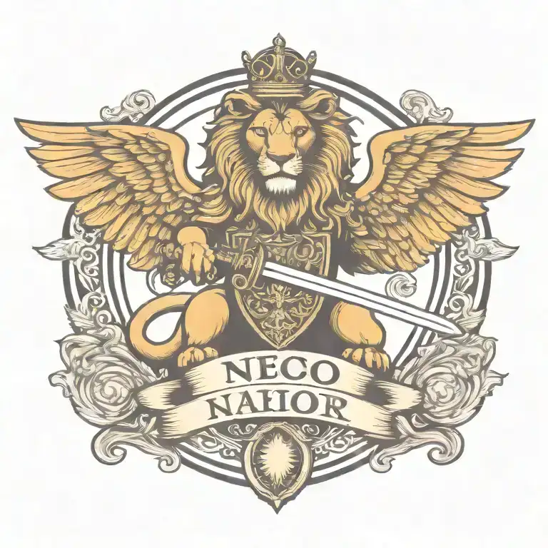 crowned and winged lion holding sword  with   keys forming a blank name banner tattoo design idea