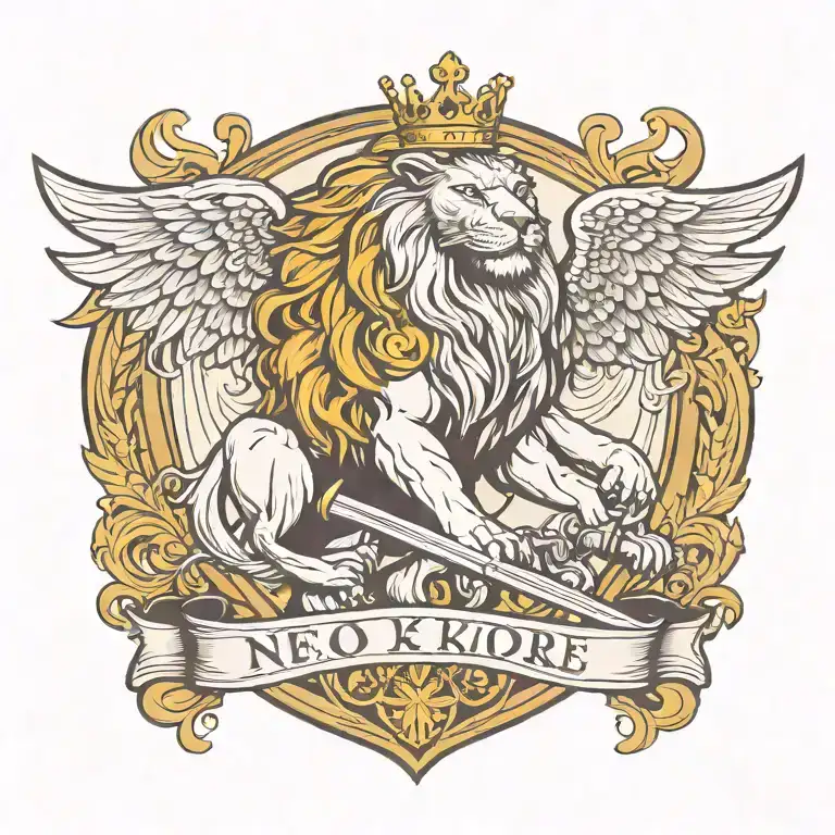 crowned and winged lion holding sword  with crossed keys forming a blank name banner tattoo design idea
