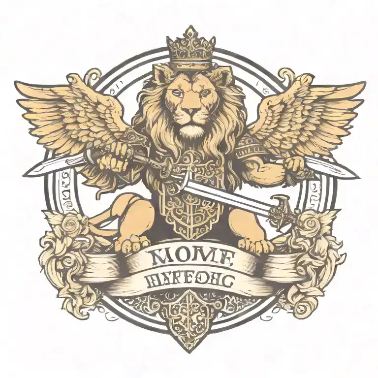 crowned and winged lion holding sword  with   keys forming a blank name banner tattoo design idea