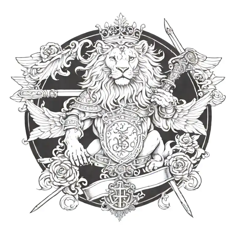 crowned and winged lion holding swords with crossed keys forming a blank name banner tattoo design idea