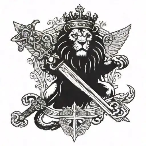 crowned lion with paw over sword and spread eagle wings near crossed Vatican keys  tattoo design idea