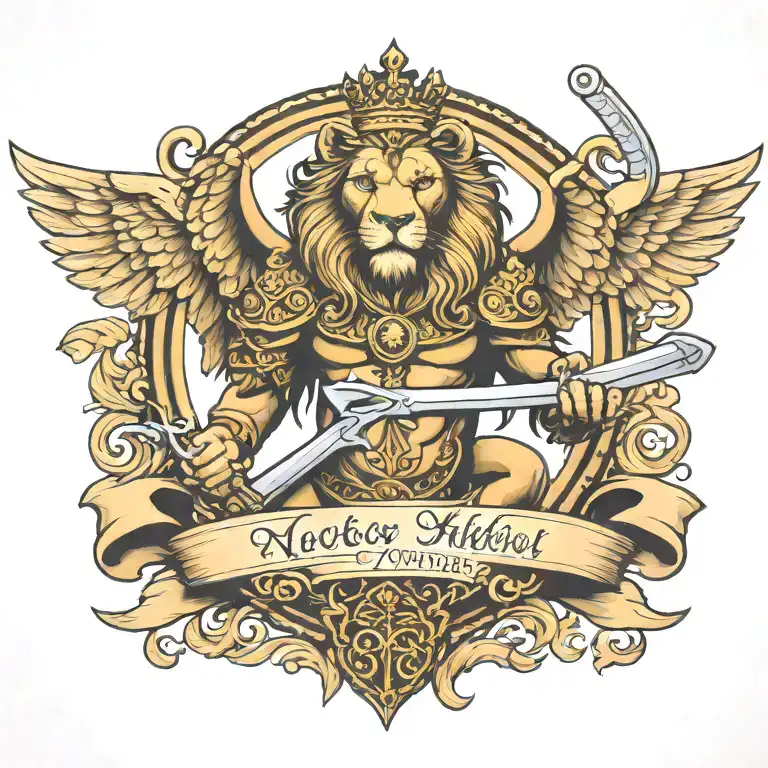 crowned and winged lion holding sword  with crossed keys forming a blank name banner tattoo design idea