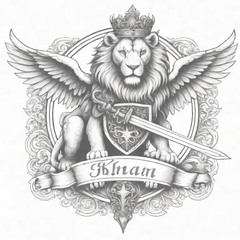 crowned and winged lion holding sword  with   keys forming a "KHAN" in a banner tattoo design idea