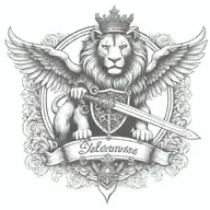 crowned and winged lion holding sword  with   keys forming a blank name banner tattoo design idea