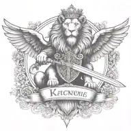crowned and winged lion holding sword  with   keys forming a blank name banner tattoo design idea