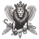 crowned lion with paw over sword and spread eagle wings near crossed Vatican keys  tattoo design idea