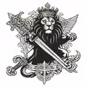 crowned lion with paw over sword and spread eagle wings near crossed Vatican keys  tattoo design idea