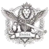 crowned and winged lion holding sword  with   keys forming a blank name banner tattoo design idea