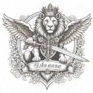 crowned and winged lion holding sword  with   keys forming a blank name banner tattoo design idea