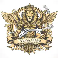 crowned and winged lion holding sword  with crossed keys forming a blank name banner tattoo design idea