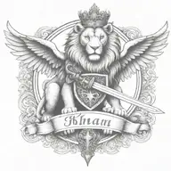 crowned and winged lion holding sword  with   keys forming a "KHAN" in a banner tattoo design idea
