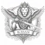 crowned and winged lion holding sword  with   keys forming a "KHAN" in a banner tattoo design idea