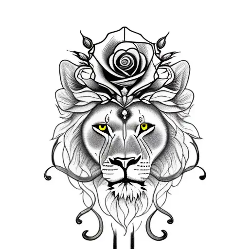 lioness with rose and lily crown tattoo design idea
