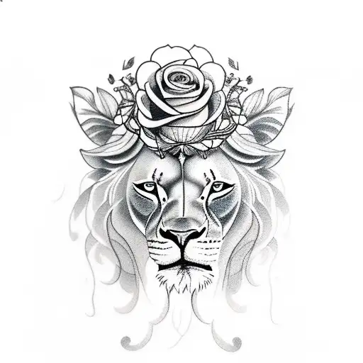 lioness with rose and lily crown tattoo design idea