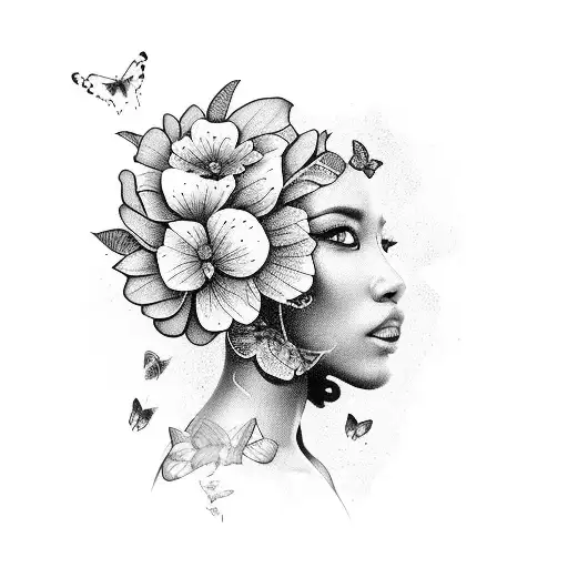 afro with butterflies and flowers tattoo design idea