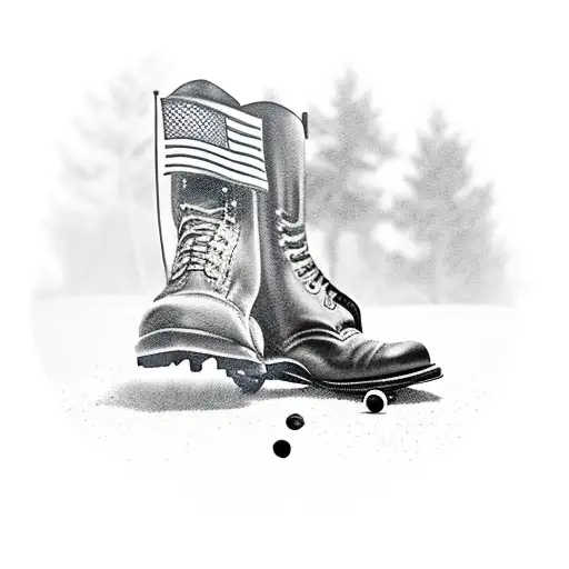 A black-grey tattoo of a veteran's boots walking on a golf course, with the American flag waving in the background tattoo design idea